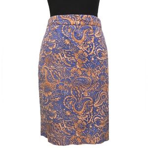LOFT Blue and Brown Paisley Stretch Cotton Pencil Skirt SZ 6